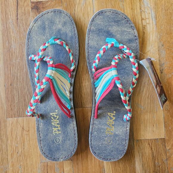 Plaka Sandals Size 9 Blue Red Handwoven Braided Strappy Beach Boho Oceanside - Picture 1 of 12